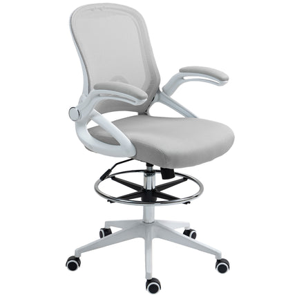 Height Adjustable Drafting Chair with Flip-up Armrest, Mesh Office Stool with Foot Ring, 360° Swivel for Standing Desk - Light Grey