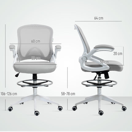 Height Adjustable Drafting Chair with Flip-up Armrest, Mesh Office Stool with Foot Ring, 360° Swivel for Standing Desk - Light Grey