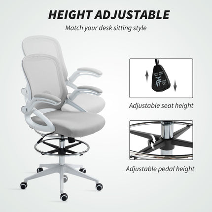 Height Adjustable Drafting Chair with Flip-up Armrest, Mesh Office Stool with Foot Ring, 360° Swivel for Standing Desk - Light Grey