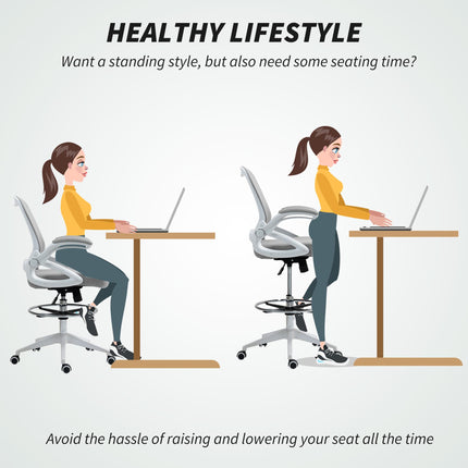 Height Adjustable Drafting Chair with Flip-up Armrest, Mesh Office Stool with Foot Ring, 360° Swivel for Standing Desk - Light Grey