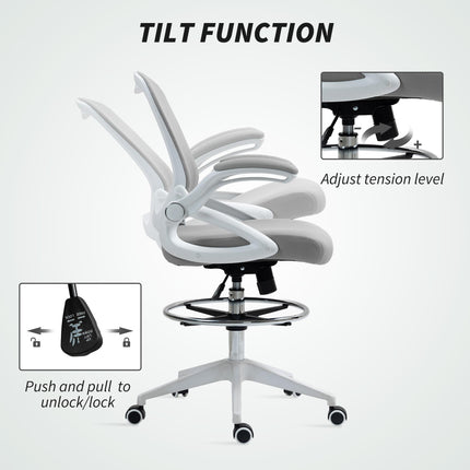 Height Adjustable Drafting Chair with Flip-up Armrest, Mesh Office Stool with Foot Ring, 360° Swivel for Standing Desk - Light Grey