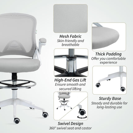 Height Adjustable Drafting Chair with Flip-up Armrest, Mesh Office Stool with Foot Ring, 360° Swivel for Standing Desk - Light Grey