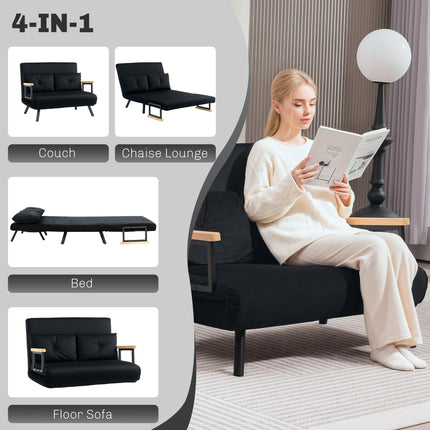 4-in-1 Velvet-Feel Double Sofa Bed with Pillows - Black