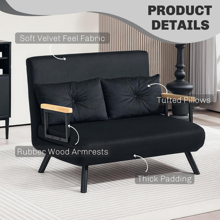 4-in-1 Velvet-Feel Double Sofa Bed with Pillows - Black