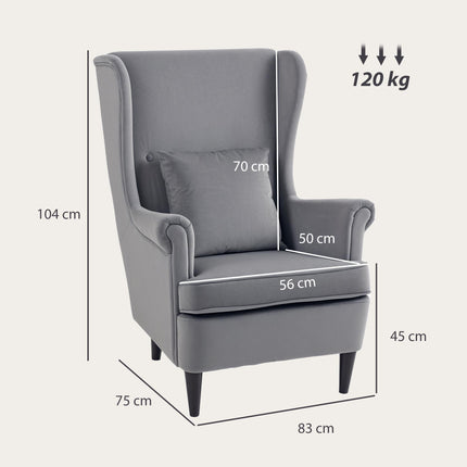 HOMCOM Modern Accent Chair with High Backrest and Pillow, Velvet-Feel Fabric Reading Chair with Solid Wood Legs, Grey