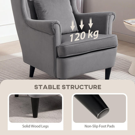 HOMCOM Modern Accent Chair with High Backrest and Pillow, Velvet-Feel Fabric Reading Chair with Solid Wood Legs, Grey