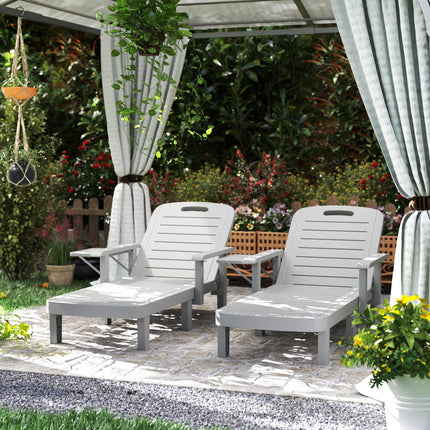 Set of 2 Adjustable Resin Reclining Sun Loungers with Foldable Side Table and Armrests - Light Grey