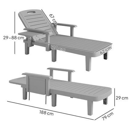 Set of 2 Adjustable Resin Reclining Sun Loungers with Foldable Side Table and Armrests - Light Grey