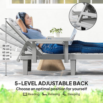 Set of 2 Adjustable Resin Reclining Sun Loungers with Foldable Side Table and Armrests - Light Grey