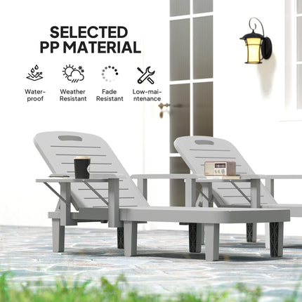 Set of 2 Adjustable Resin Reclining Sun Loungers with Foldable Side Table and Armrests - Light Grey
