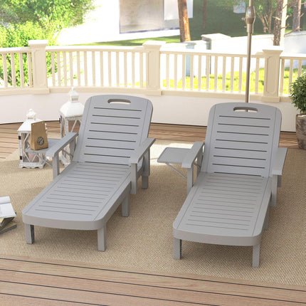 Set of 2 Adjustable Resin Reclining Sun Loungers with Foldable Side Table and Armrests - Light Grey