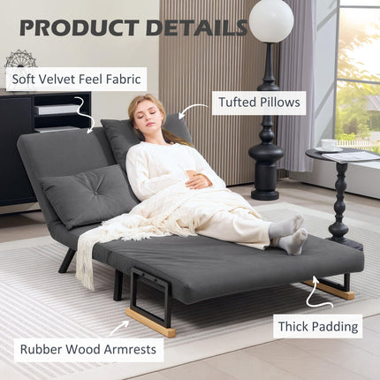 4-in-1 Velvet-Feel Double Sofa Bed with Pillows - Dark Grey