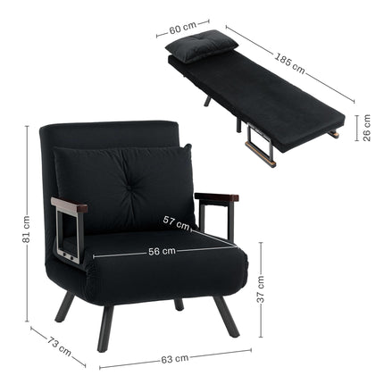 4-in-1 Velvet-Feel Single Chair Bed with Pillow - Black