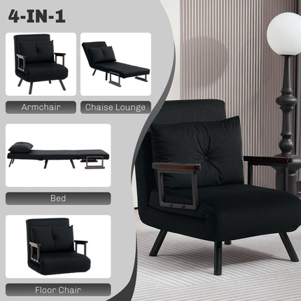 4-in-1 Velvet-Feel Single Chair Bed with Pillow - Black