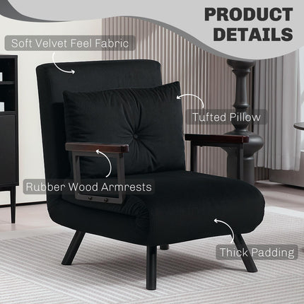 4-in-1 Velvet-Feel Single Chair Bed with Pillow - Black