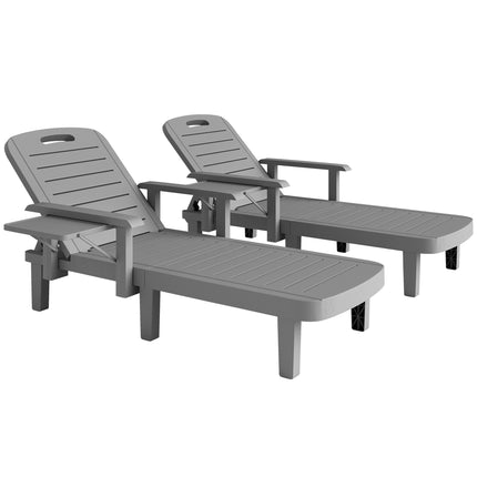 Set of 2 Resin Reclining Sun Loungers with 5 Adjustable Positions, Armrests & Foldable Side Table for Garden & Beach - Dark Grey