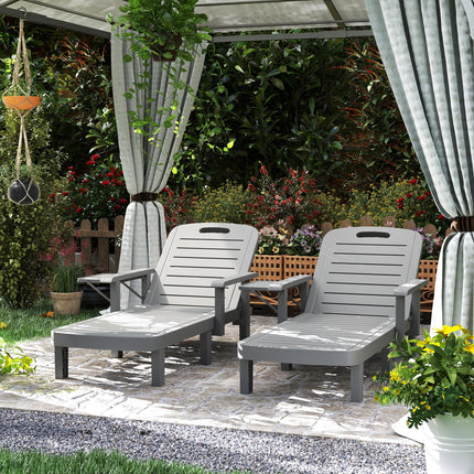 Set of 2 Resin Reclining Sun Loungers with 5 Adjustable Positions, Armrests & Foldable Side Table for Garden & Beach - Dark Grey