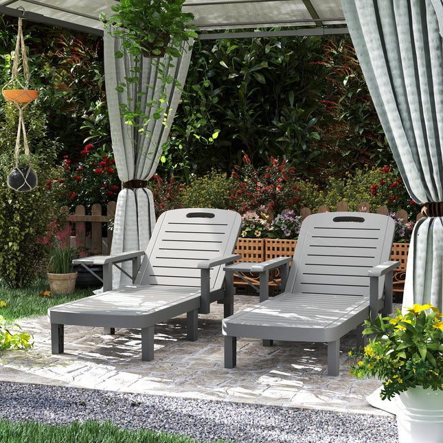 Set of 2 Resin Reclining Sun Loungers with 5 Adjustable Positions, Armrests & Foldable Side Table for Garden & Beach - Dark Grey