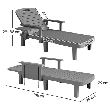 Set of 2 Resin Reclining Sun Loungers with 5 Adjustable Positions, Armrests & Foldable Side Table for Garden & Beach - Dark Grey