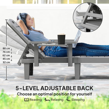 Set of 2 Resin Reclining Sun Loungers with 5 Adjustable Positions, Armrests & Foldable Side Table for Garden & Beach - Dark Grey