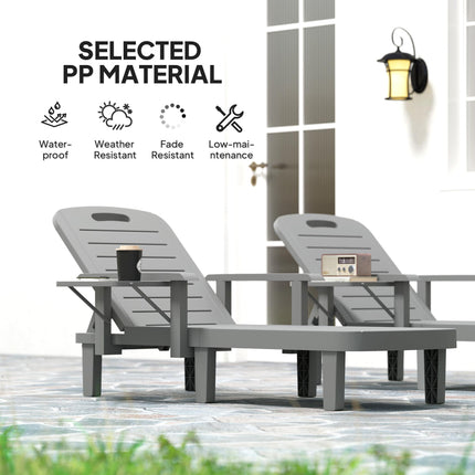 Set of 2 Resin Reclining Sun Loungers with 5 Adjustable Positions, Armrests & Foldable Side Table for Garden & Beach - Dark Grey