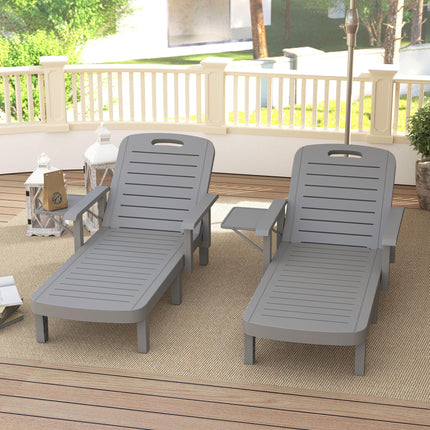 Set of 2 Resin Reclining Sun Loungers with 5 Adjustable Positions, Armrests & Foldable Side Table for Garden & Beach - Dark Grey