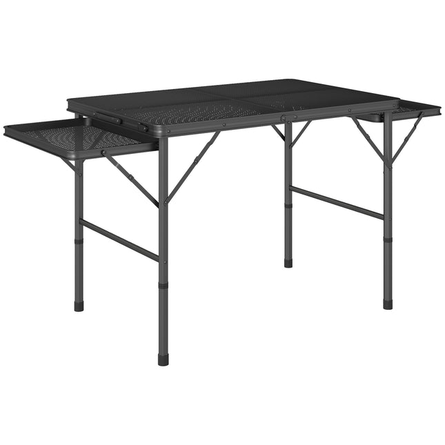 Folding Grill Table, 4.5ft Portable Camping Table with 2 Wing Panels, Height Adjustable Metal Picnic Table for Camping, Picnic and BBQ, Black