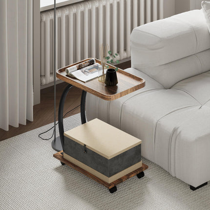 2-Tier Mobile C-Shaped Side Table - Brown
