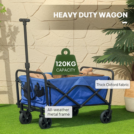 93L Festival Trolley on Wheels, Garden Folding Trolley Cart, 120kg Heavy Duty Collapsible Folding Wagon with Adjustable Handle and Carrying Bag for Beach, Camping, Festival, Blue