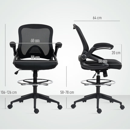 Drafting Chair with Flip-up Armrest, Height Adjustable 360° Swivel Mesh Office Stool for Standing Desk - Black