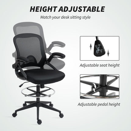 Drafting Chair with Flip-up Armrest, Height Adjustable 360° Swivel Mesh Office Stool for Standing Desk - Black