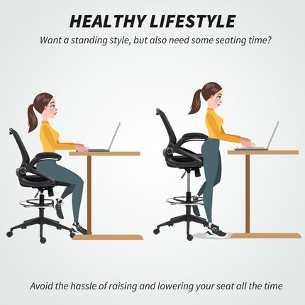 Drafting Chair with Flip-up Armrest, Height Adjustable 360° Swivel Mesh Office Stool for Standing Desk - Black