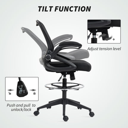 Drafting Chair with Flip-up Armrest, Height Adjustable 360° Swivel Mesh Office Stool for Standing Desk - Black