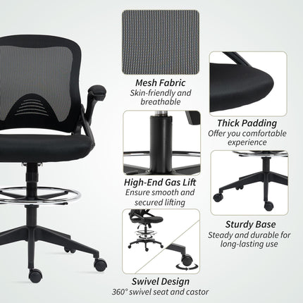 Drafting Chair with Flip-up Armrest, Height Adjustable 360° Swivel Mesh Office Stool for Standing Desk - Black