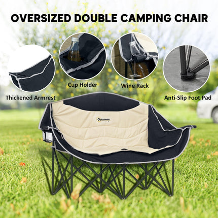 Oversized Double Camping Chair with Cup and Wine Holders, Carry Bag - Khaki