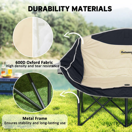 Oversized Double Camping Chair with Cup and Wine Holders, Carry Bag - Khaki