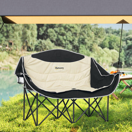 Oversized Double Camping Chair with Cup and Wine Holders, Carry Bag - Khaki