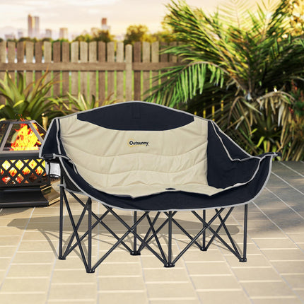 Oversized Double Camping Chair with Cup and Wine Holders, Carry Bag - Khaki