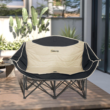 Oversized Double Camping Chair with Cup and Wine Holders, Carry Bag - Khaki
