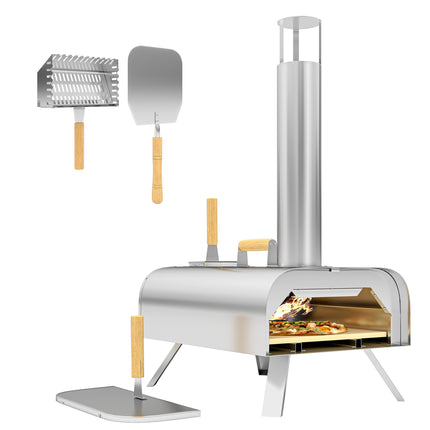 12 Inch Portable Wood Fired Pizza Oven with Foldable Legs and Stainless Steel Body - Silver Tone
