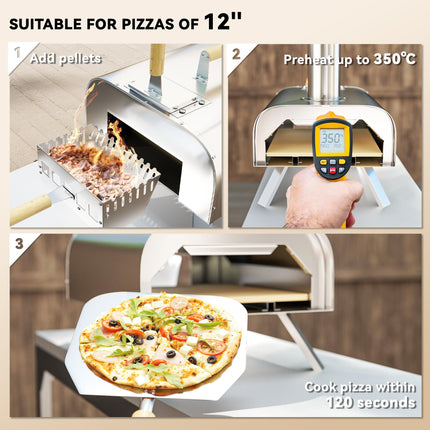 12 Inch Portable Wood Fired Pizza Oven with Foldable Legs and Stainless Steel Body - Silver Tone