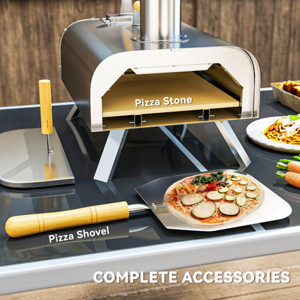 12 Inch Portable Wood Fired Pizza Oven with Foldable Legs and Stainless Steel Body - Silver Tone