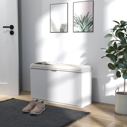 Elegant Eight Shoe Bench with Padded Seat and Flip Drawer Storage - White