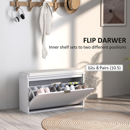 Elegant Eight Shoe Bench with Padded Seat and Flip Drawer Storage - White