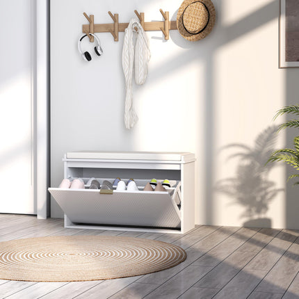 Elegant Eight Shoe Bench with Padded Seat and Flip Drawer Storage - White