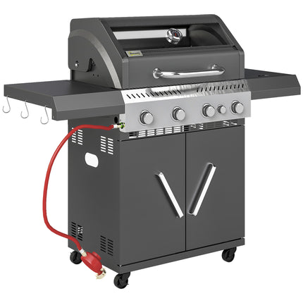 4+1 Burner Portable Gas BBQ Grill with Thermometer and Side Table - Black