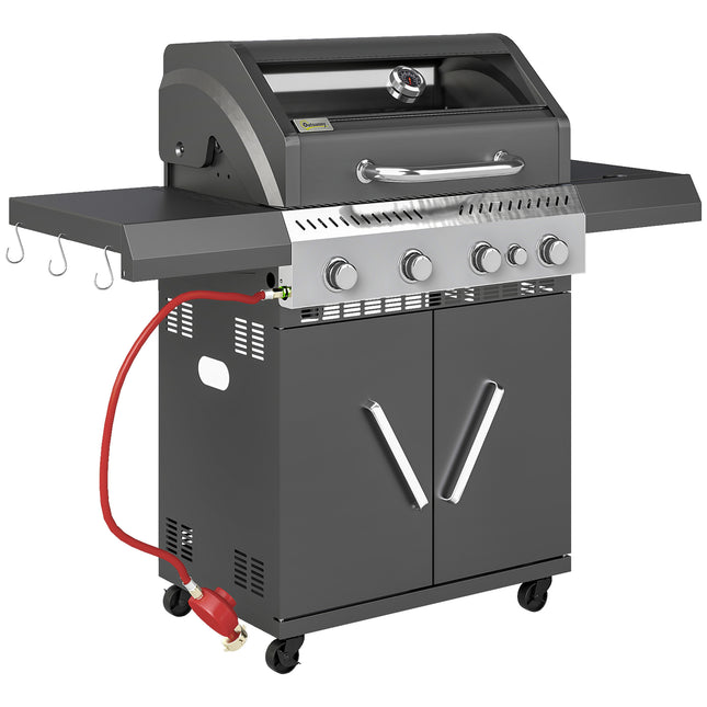 4+1 Burner Portable Gas BBQ Grill with Thermometer and Side Table - Black