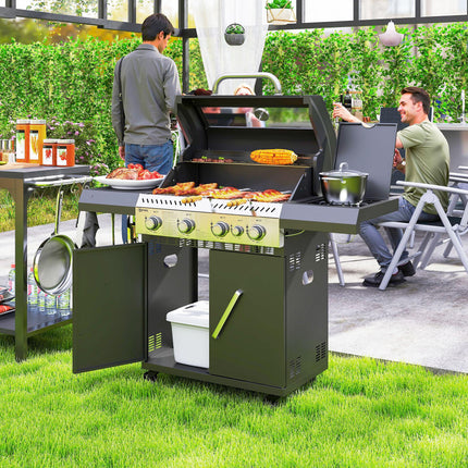 4+1 Burner Portable Gas BBQ Grill with Thermometer and Side Table - Black