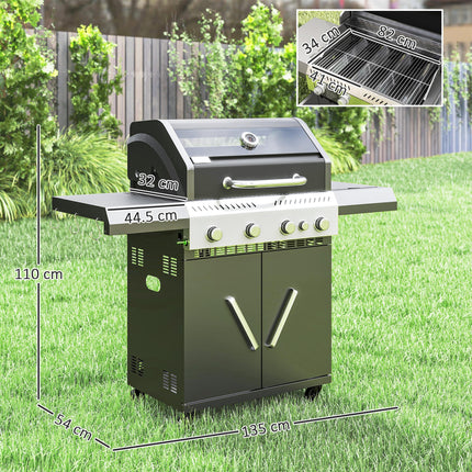 4+1 Burner Portable Gas BBQ Grill with Thermometer and Side Table - Black