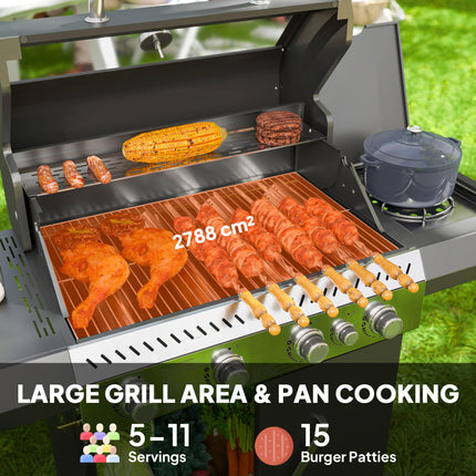 4+1 Burner Portable Gas BBQ Grill with Thermometer and Side Table - Black